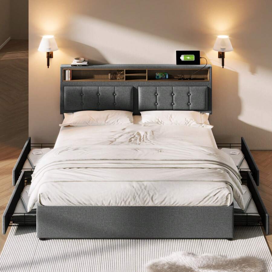 Sweiko Sweiko gestoffeerd bed, tweepersoonsbed met 4 laden & USB-aansluiting, 160*200cm,gestoffeerd bed met 4 laden & USB-aansluiting, gestoffeerd bed 160x200cm, in hoogte verstelbaar hoofdeinde, houten lattenbodem (zonder matras)