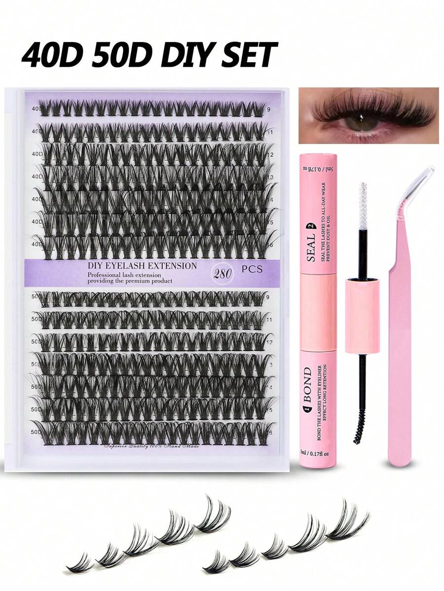 DIY Lash Extension Kit 280pcs Individual Lashes Cluster Eyelash Extension Kit 9-16mm Mix 40D 50D Lash Clusters With Lash Bond And Seal Lash Applicator For Lash Extension Makeup Tool