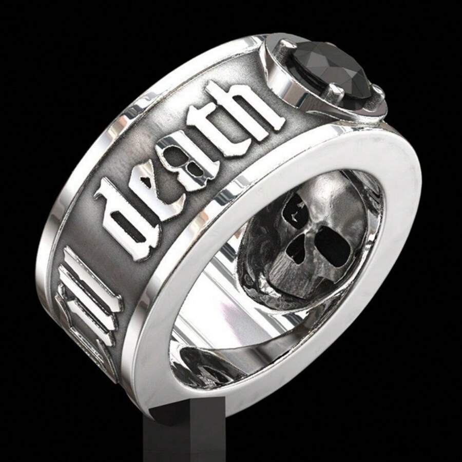 Anillo Innovador 'hasta Que La Muerte Nos Separe' Con Cráneo Incrustado Con Pedrería, Joyería Masculina Estilo Punk Europeo Y Americano