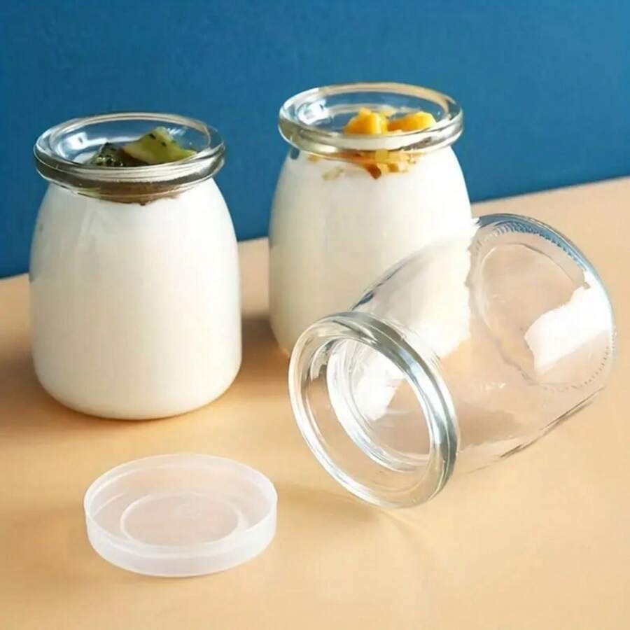 3pcs Glass Yogurt Container, Dessert Yogurt Jars With Lid, Pudding Container, Heat-Resistant Glass And Plastic Lid, Kitchen Tool, Kitchen Supply, Kitchen Accessory, Home Kitchenware