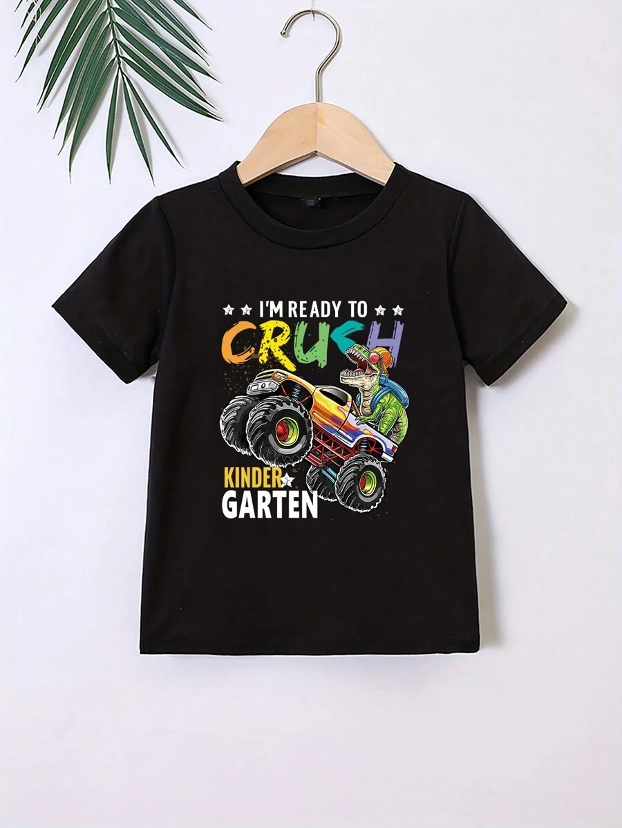 Lässig T-Shirt für Kleine Jungen mit Dinosaurier- und Truck Druckmuster, Kurzarm, geeignet für Frühling, Sommer und Herbst