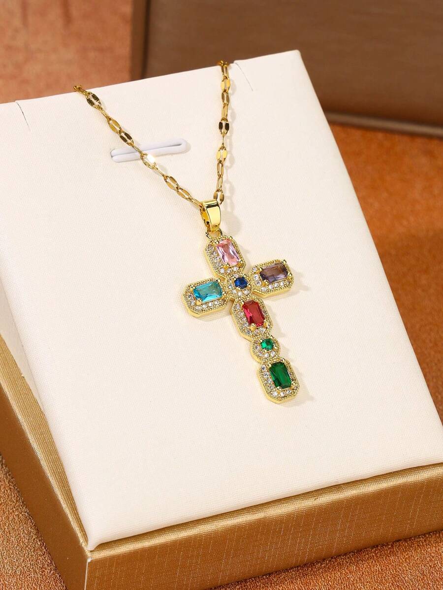 1 Pieza Colgante De Cruz De Cobre Incrustado Con Circonia Cúbica Multicolor, Acompañado Por Collar Con Cadena De Labios Hecho De Acero De Titanio, Presente De Joyería