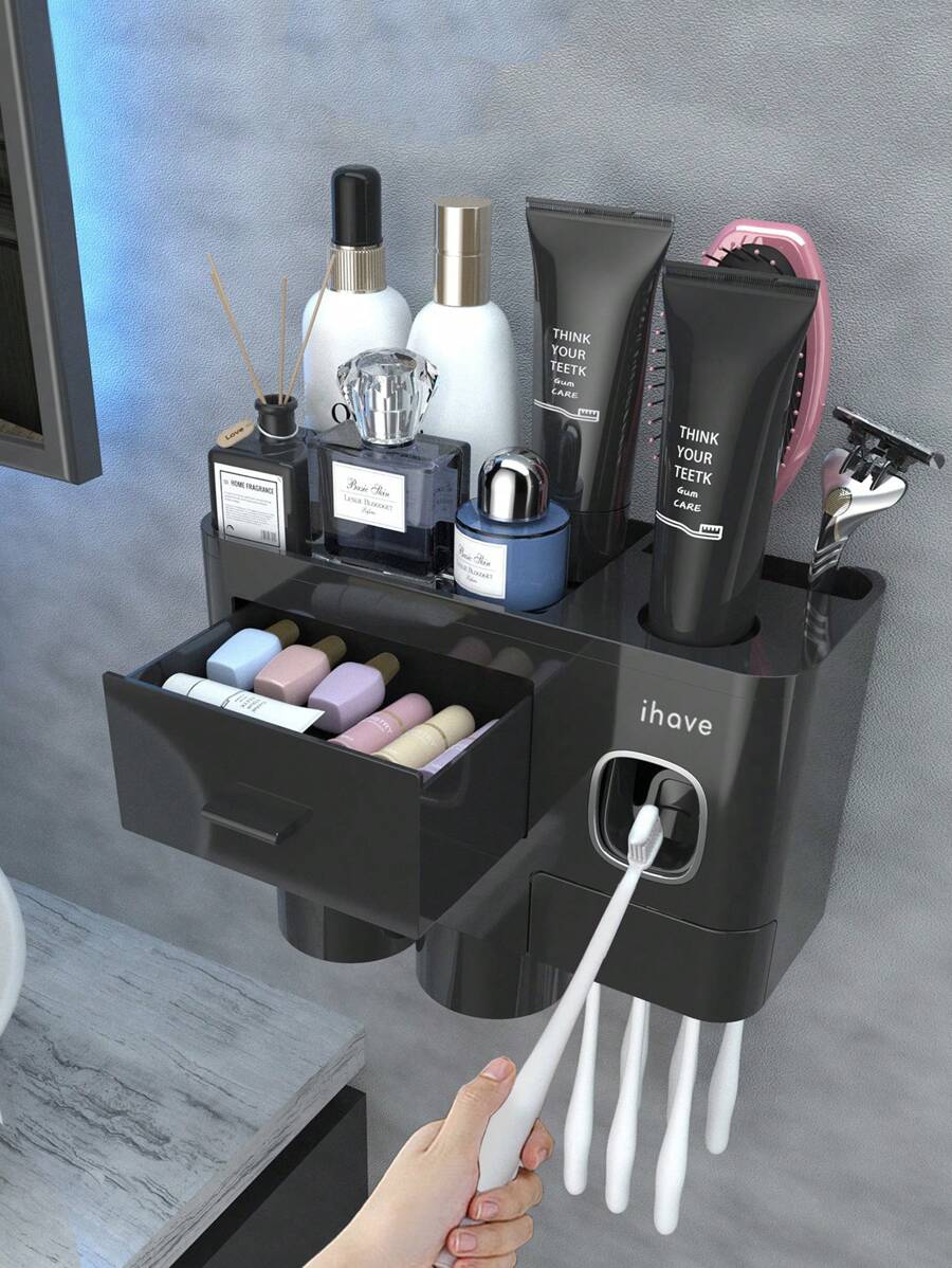 J'ai des porte-brosses à dents pour salles de bain, 2 tasses porte-brosses à dents montées au mur avec distributeur de dentifrice - plateau de grande capacité, tiroir cosmétique - support de brossage des dents et accessoires de salle de bain Décoration de la maison Décoration d'automne Retour à l'école