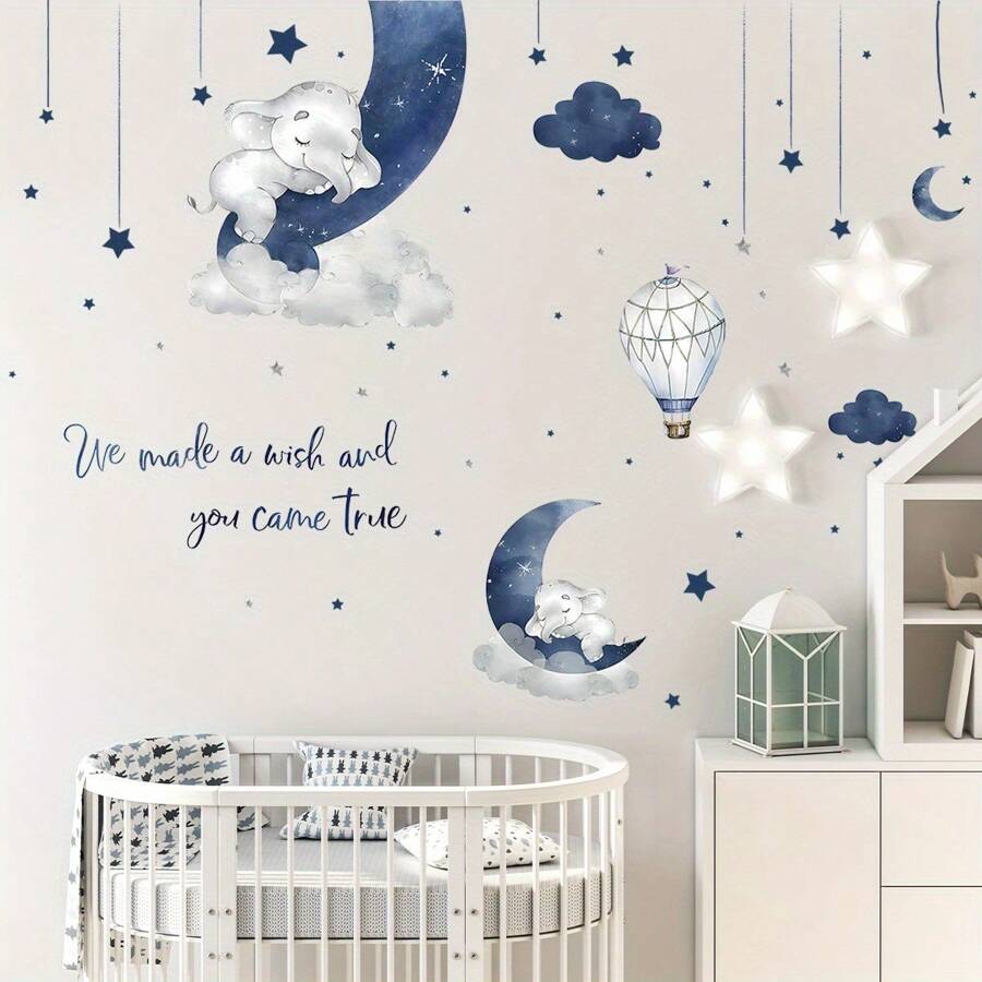 BRUP Cartoon Cute Elephant Sleeping On The Moon Balloons Wall Stickers For Bedroom Living Room Nursery Decoration Wall Decals Wall Decor Room Decor Personalised Stickers