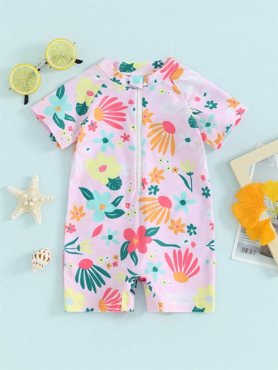 Barboteuse Maillot de bain Fille, Anti-UV avec Fermeture Éclair à Manches Courtes et Imprimé Floral
