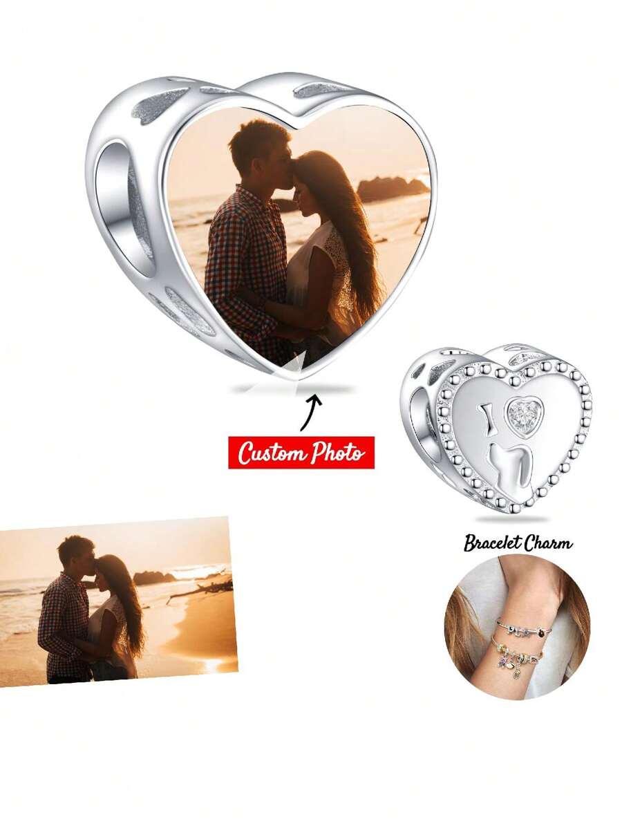 1 peça Charme de Pulseira Personalizado com Foto para Mulher Mãe, Charme de Colar com Foto do Dia das Mães e dos Pais, Charme de Pulseira de Tornozelo com Foto, Contas de Coração com Impressão de Pegada de Patas - Presente para Pai, Filha, Namorada, Esposa e Melhor Amiga