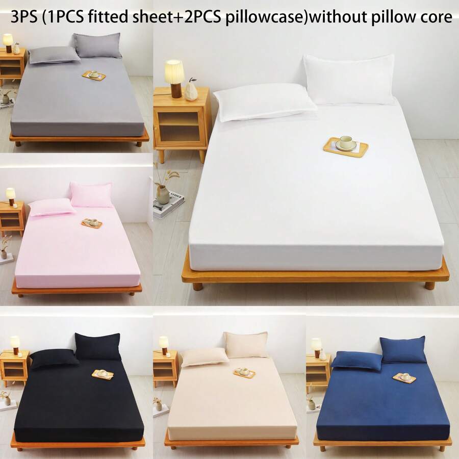 3PCS Fitted Sheet Set (1pc Fitted Sheet + 2PCS Pillowcases), Bed Comforter,Bed SheetsCover, Bedding,Solid Color Brushed Fabric, Bedding, Bedroom, High-Quality For Luxury Hotels, Versatile, Classic, Machine Washable, Skin-Friendly And Breathable, Soft And Comfortable