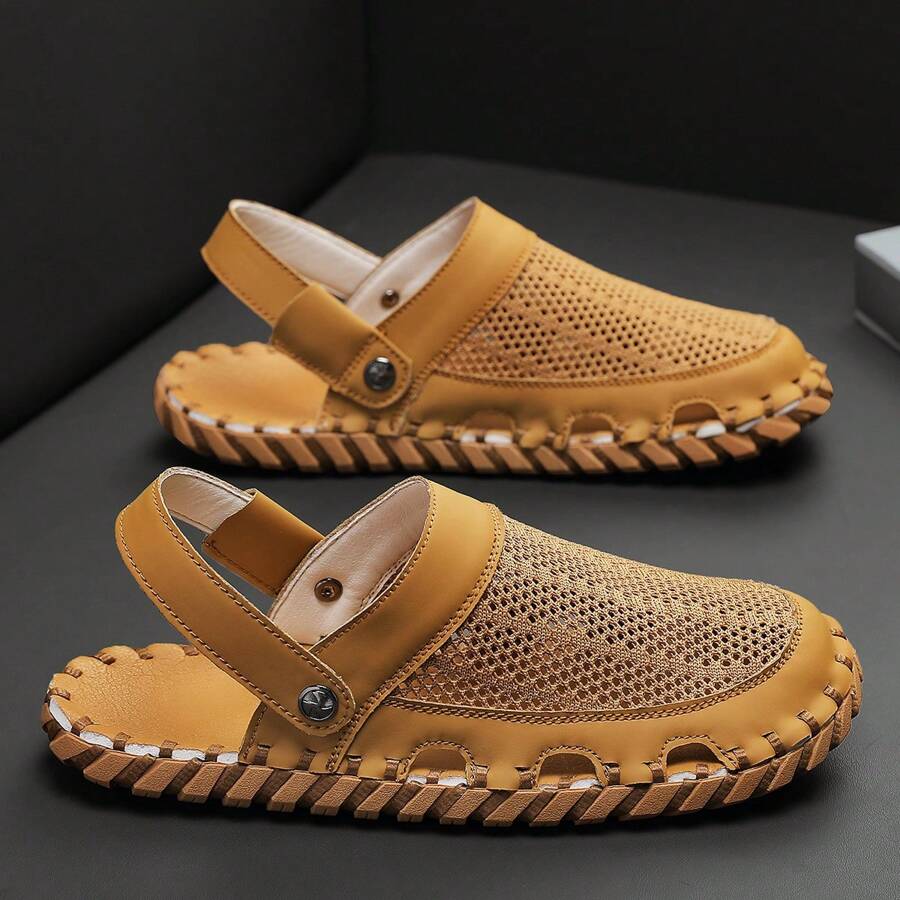 Men's Handmade Sewing Line Summer Slippers, Microfiber Material With Rubber Anti-Slip Sole, Soft Comfortable, Flat Heel And Closed Toe, Vintage Casual Style
