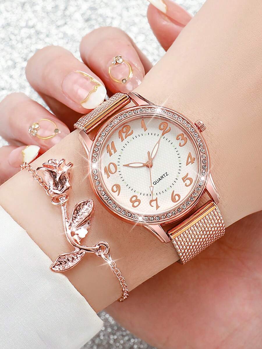 Reloj de cuarzo con esfera digital con diamantes de imitación y correa de plástico con malla, junto con pulsera de flor de rosa (set de 2 piezas) como regalo para estudiantes que regresan a la escuela en San Valentín