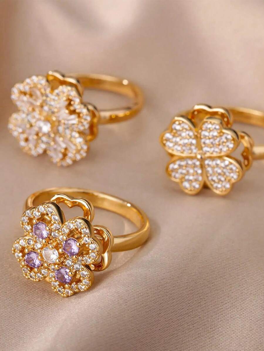 1 Pc Spinner Heart Four Leaf Clover Rings For Women Anti Stress Anxiety Fidget Ring Stainless Steel Jewelry Gift Valentines,Mom,Mother,Mother's Day,Gift