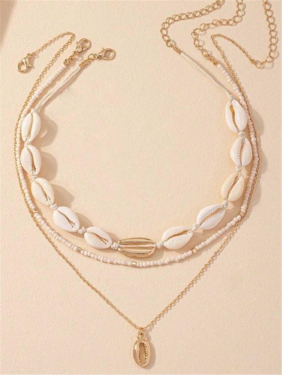 1 Set Of 3 Fashionable Beach Shell & Beaded Braided Necklaces For Women's Accessories