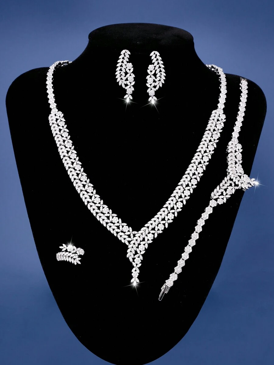 DV JEWELRY Zestaw 5 sztuk białego złota pozłacanego cyrkonii sześciennych luksusowy naszyjnik bransoletka kolczyki otwarty pierścień zestaw biżuterii, elegancki prezent biżuterii dla kobiet, z pudełkiem prezentowym