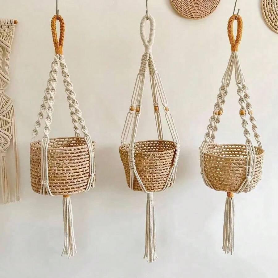 3pcs/Set Macrame Plant Hanger, Indoor Hanging Planter Basket Holder With Wood Beads, Decorative Flower Pot Holder With Tassels, No Basket