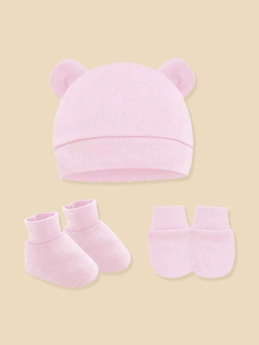 1Set Newborn Baby Hospital Hats Beanie With Cute Ear Infant Caps Baby Boys Girls No Scratch Mittens Set For 0-6 Months