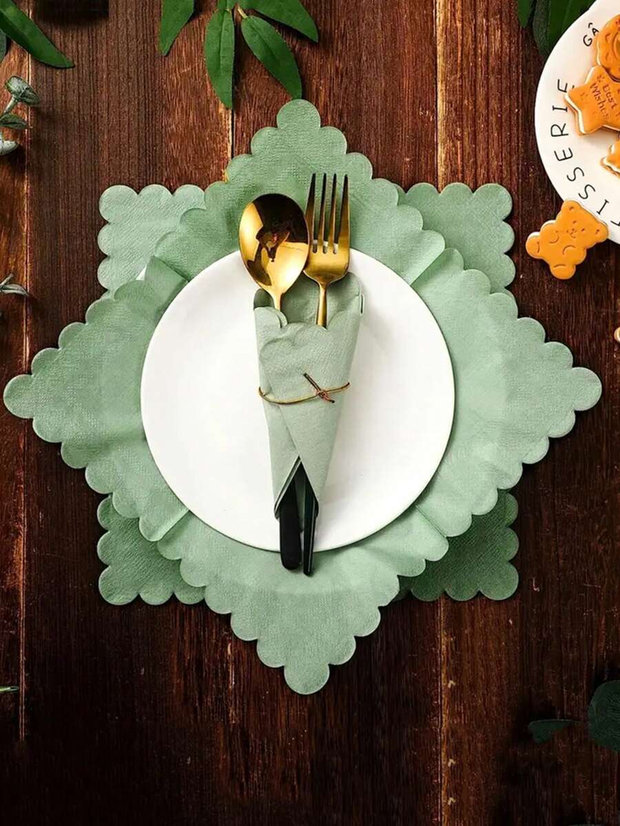 25pcs Disposable Party Tableware Sage Green Fan Shaped Napkins For Decoration, Birthday Party, Wedding, Gathering , For Christmas Party