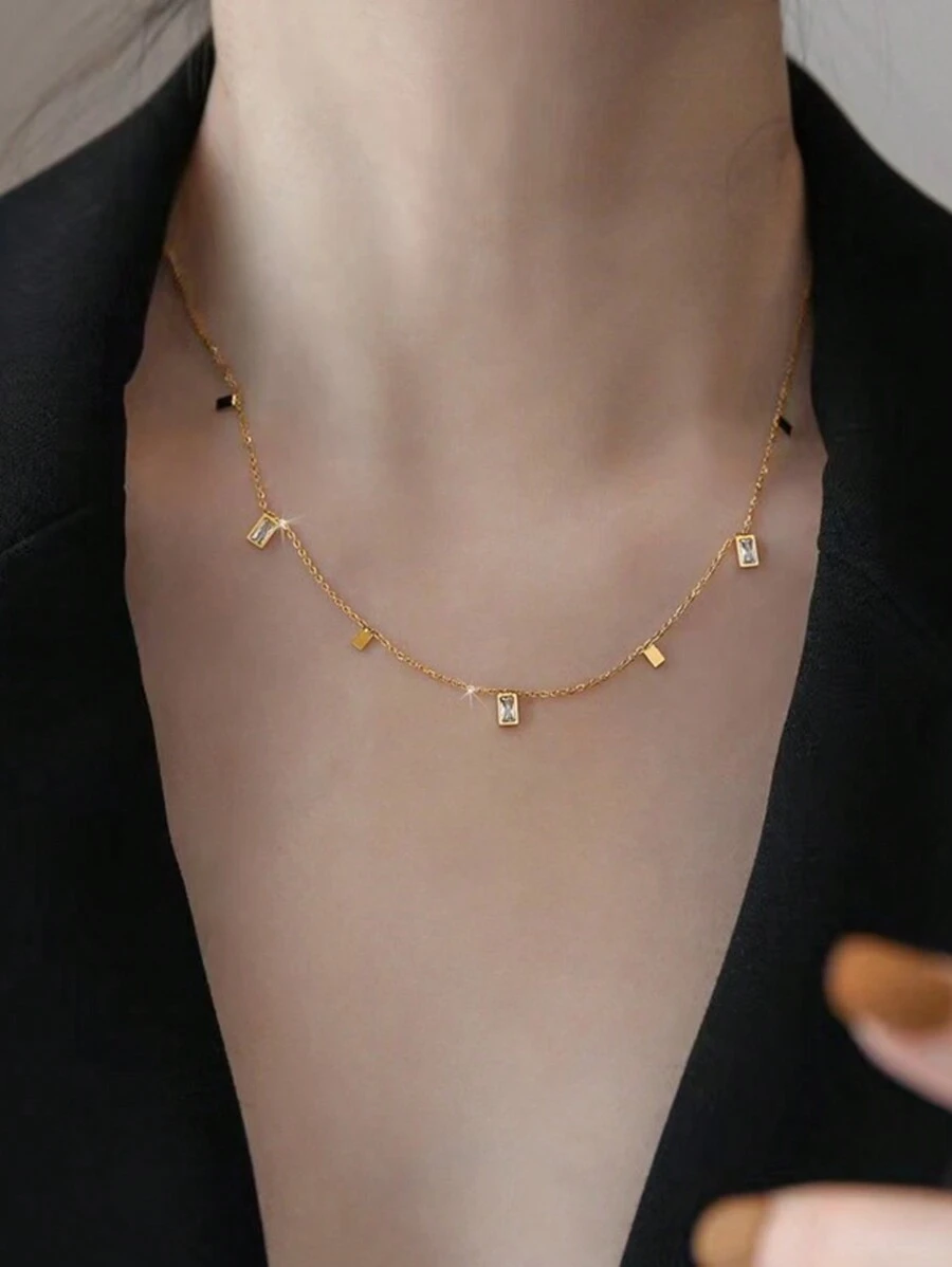 1pc Stainless Steel Minimalist Necklace, Delicate Square Rhinestone Choker Necklace, Dainty Jewelry, Suitable For Daily Wear For Women