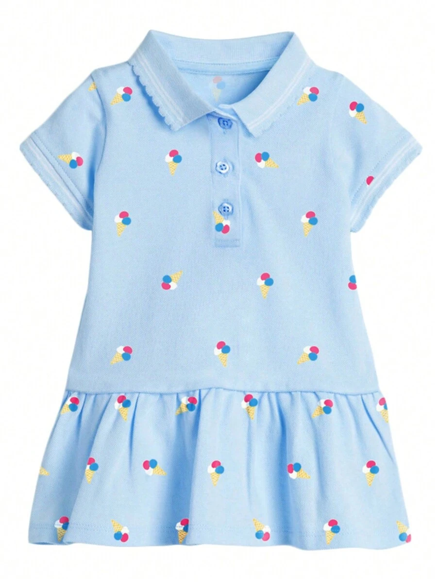 Young Girl Summer Short Sleeve Polo Collar Ice Cream Printed Ruffled Trim Dress