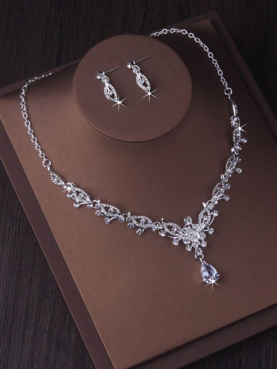 High End Bridal Jewelry Set For Women, Floral Rhinestone Water Drop Shape Necklace And Earrings Set, Stage Performance/Fancy Dress Accessory Necklace