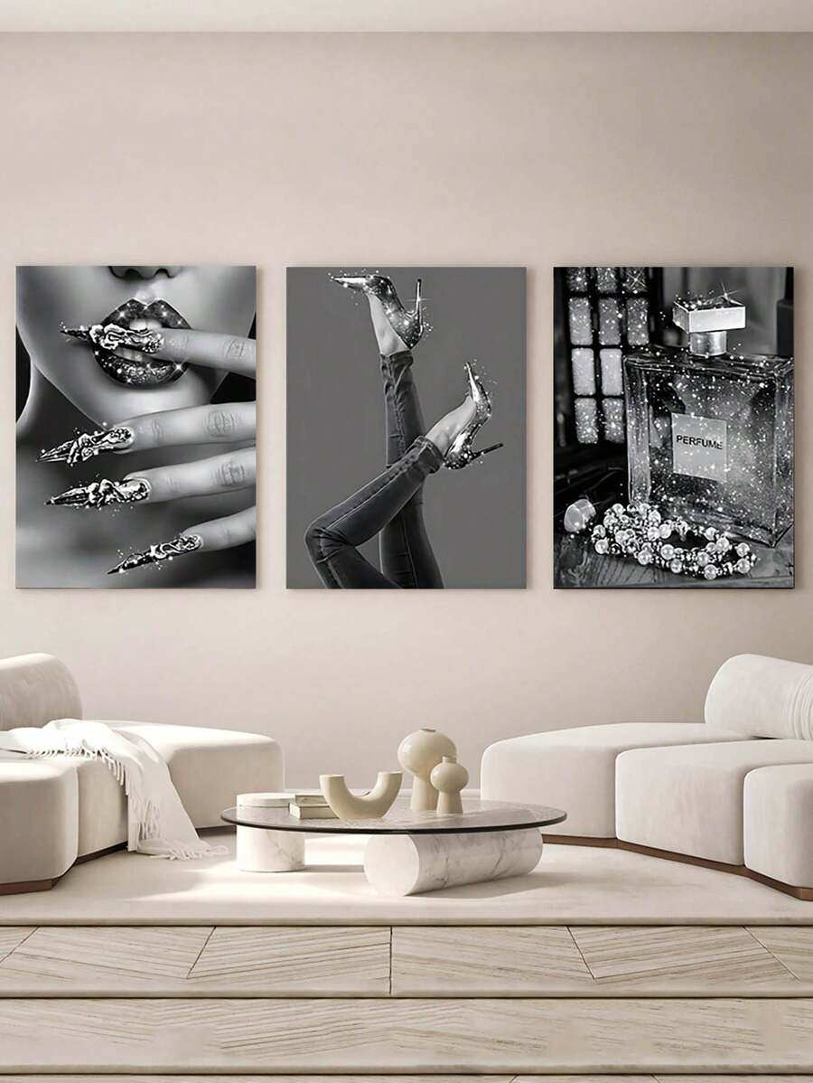 3pcs Modern Feminine Canvas Poster, Luxury Shiny Wall Art, Black And White Home Decoration, Ideal Gift For Living Room, Bedroom, Office, Hallway, Dining Room, Hotel Wall Decoration, Room Decoration, Modern Style Canvas Painting, Room Art, Printed Picture, Unframed Gifts Birthday Graduation