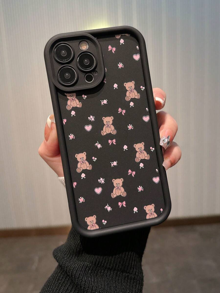 Compatible With IPhone Bow 1pc Black Bamboo Bear Compatible With IPhone Case Compatible With 15promax/15plus/15pro/15/14/13, 12paomax/11/12, Pink Heart & Butterfly Decor Fully Wrapped Protective Case For Women