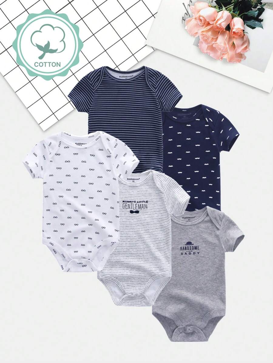 5 PCS Baby Boy Girl 0-12 Months Spectacles Print Casual Short Sleeves Baby Bodysuits Four Seasons