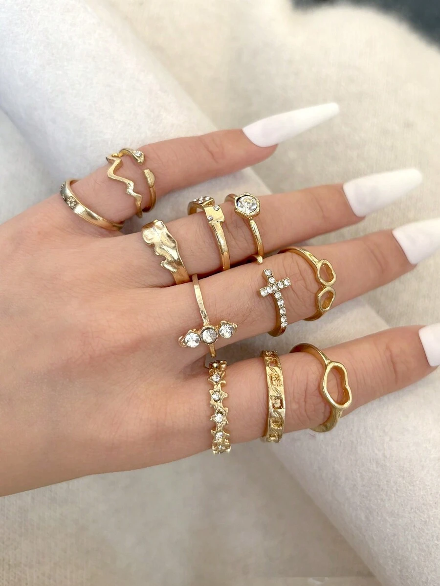 11pcs Gold Luxury Rhinestone Women's Alloy Ring Set Elegant Retro Jewelry Love Butterfly