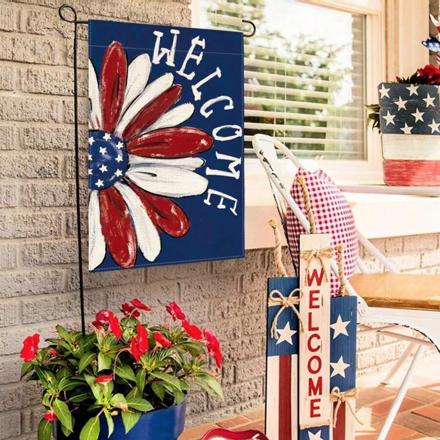 1 Pièce Drapeau De Jardin Du 4 Juillet Double Face 12x18 Pouces Pour L'extérieur, Décoration D'extérieur De Jardin De Jour Commémoratif Floral De Bienvenue Daisy