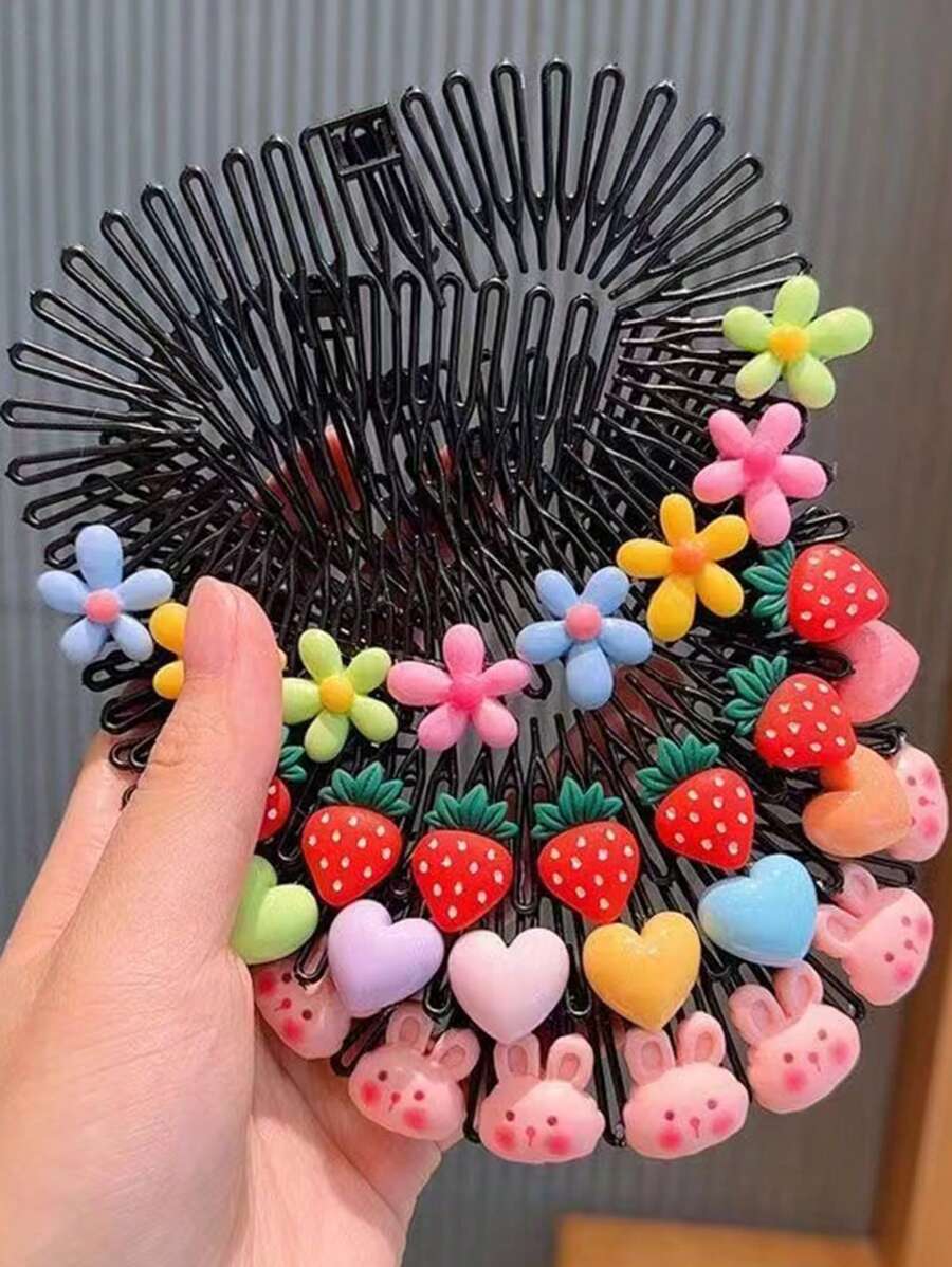 4 Pièces Accessoires De Cheveux Mignons Et Colorés En Forme De Fleur, De Fraise, De Cœur Et De Lapin Pour Filles Avec Peigne Ondulé Et Pince À Cheveux Pour Un Usage Quotidien
