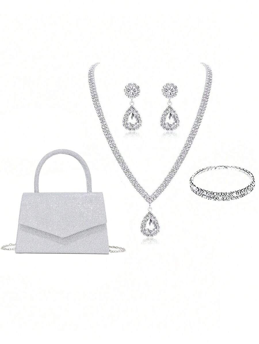 Women's Fashionable Party Clutch With Rhinestone Detailing And,4pcs Jewelry Set (Crystal Clutch,Claw Chain,Tassel Bracelet,Earrings And Necklace)Tready Bride Bag, Perfect For Party,Wedding, Prom,Dinner/Banquet, Matching With Wedding Dress, Formal Dresses, Prom Dress, Birthday Dress, Party Dress