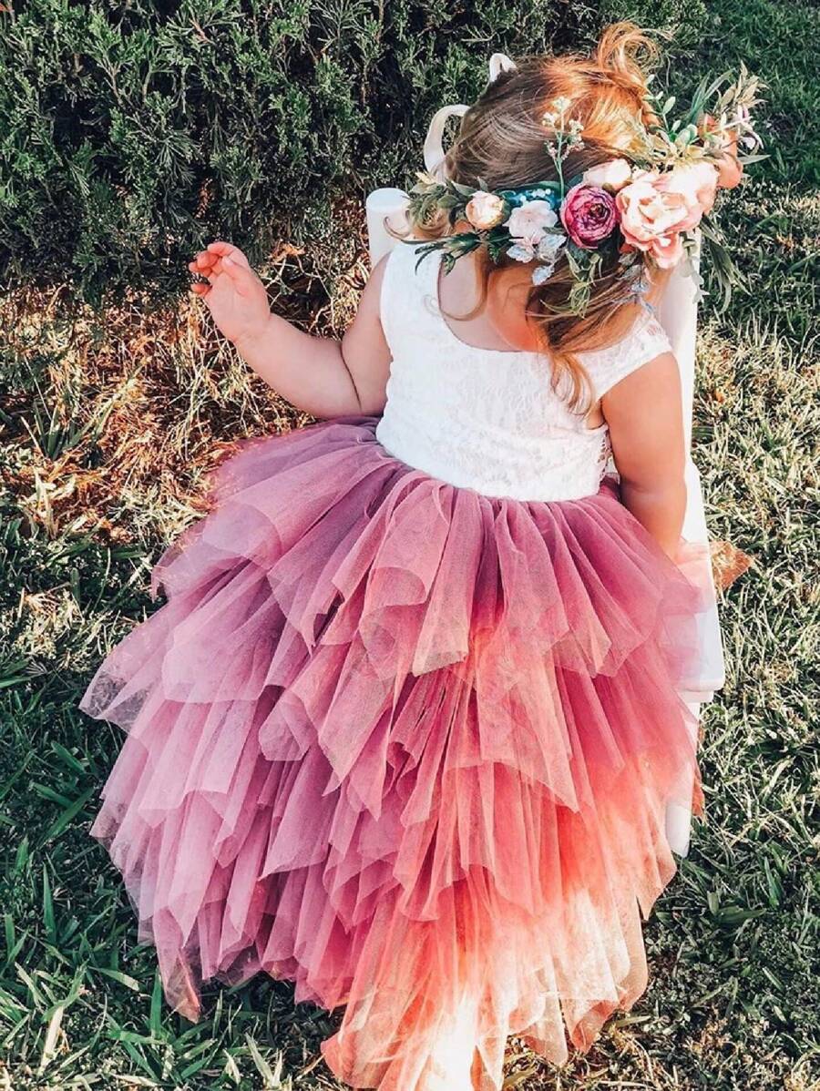 Young Girl Sleeveless Eyelash V Backless Vintage Lace Tiered Sleeveless Tulle Tutu Flower Girl Maxi Dress