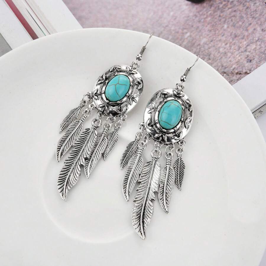 1 Paire De Boucles D'oreilles À Glands Bohémiennes En Alliage De Plumes Et De Feuilles De Turquoise Nouvellement Conçues Pour Femmes, Idéales Pour Les Rendez-vous, Les Fêtes Ou Les Concerts