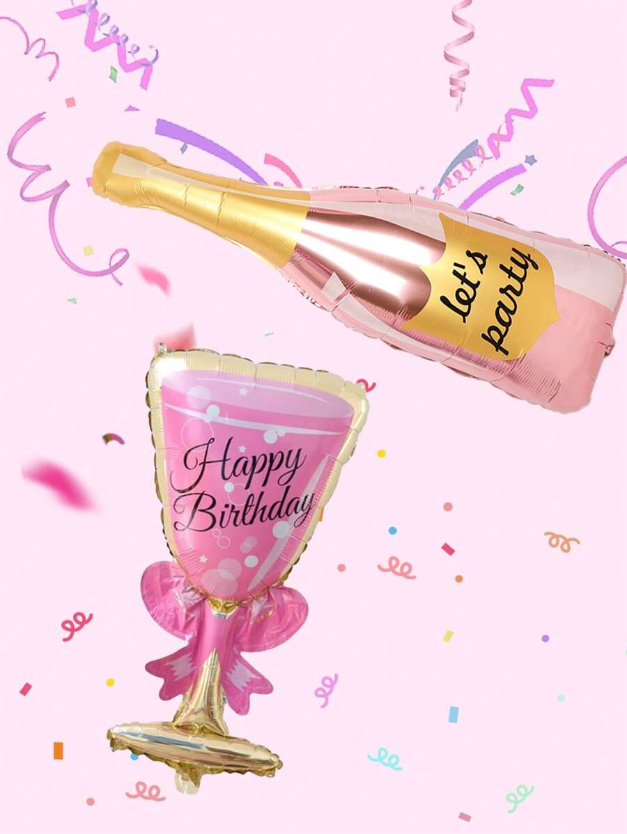 2/4pcs Happy Birthday Champagne Bottle And Pink High Heel Wine Glass Aluminum Foil Balloons, Suitable For Single Ladies, Birthday Parties, Anniversaries, Engagement Bride Gifts Decoration Supplies,Christmas
