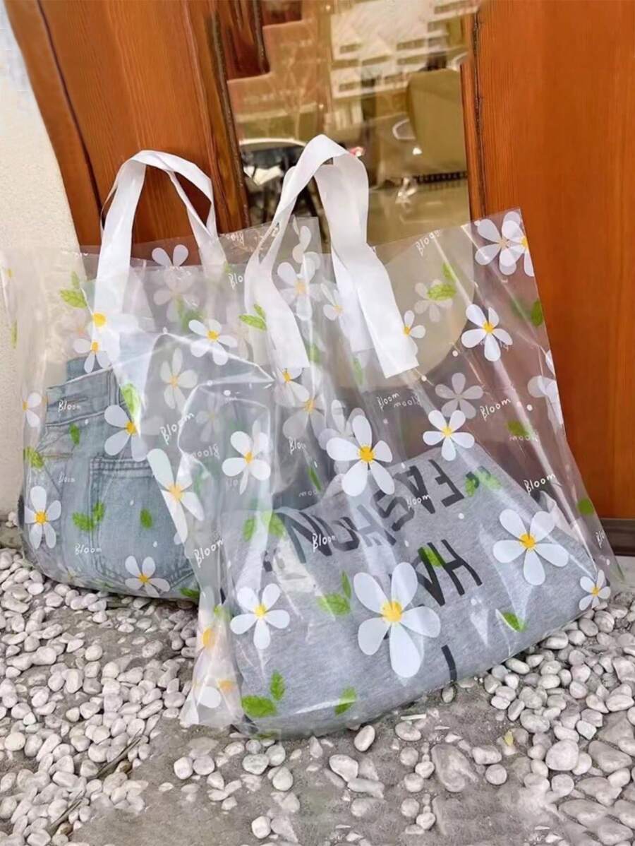 10pcs Spring Floral Pattern Plastic Shopping Bags & Gift Bags With Handles