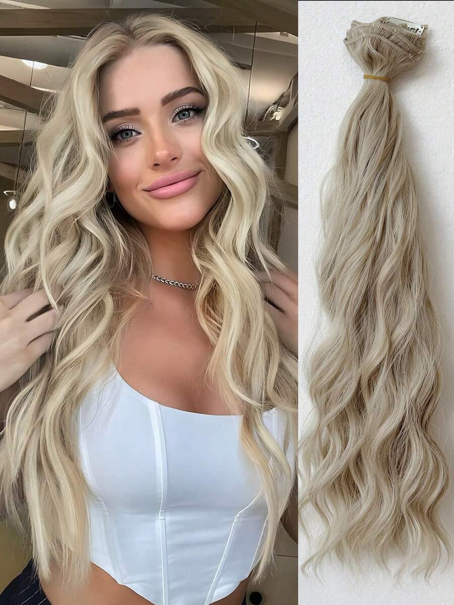 Extensiones de cabello con clips de 22 pulgadas, set de 7 piezas, extensiones de cabello sintético ondulado de agua para uso diario de mujeres y niñas
