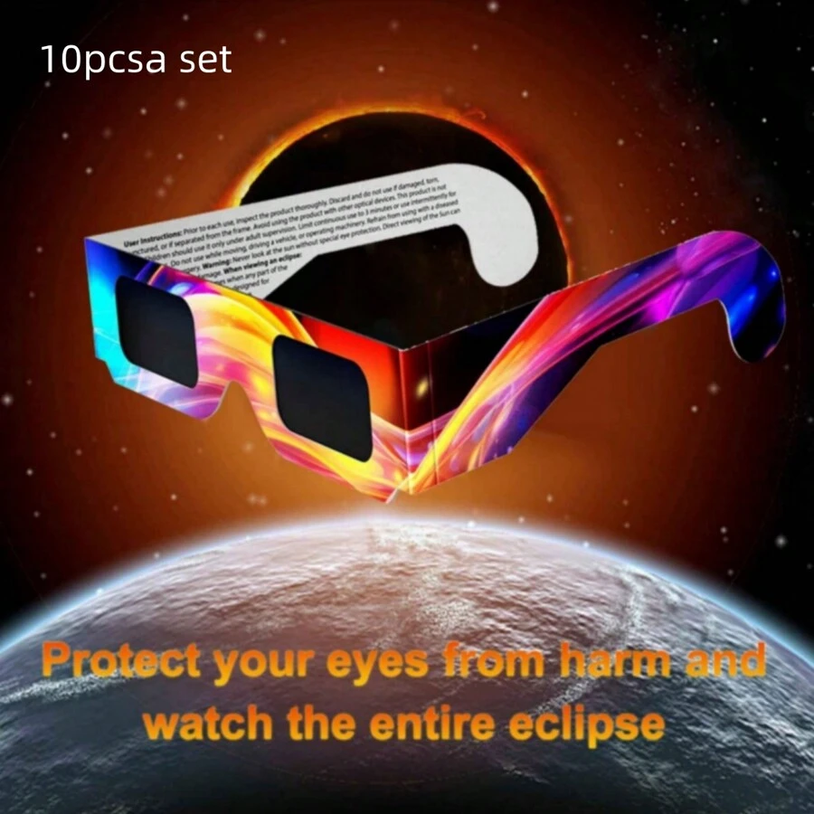 10pcs/5pcs North American Solar Eclipse Viewing Glasses, Neutral Color Printed Paper Frame Glasses, Outdoor Essential For Directly Observing The Sun (Assorted Colors & Patterns Shipped Randomly)