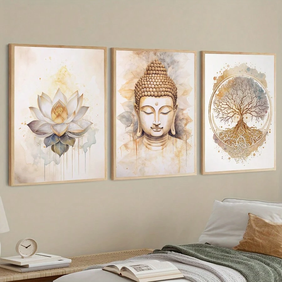 3pcs 15.7*23.6in/40cm*60cm Frameless Buddha Statues And Lotus Flowers Wall Art Canvas Painting Art For Living Room Painting Decor No Frame, Poster Gifts Birthday Graduation