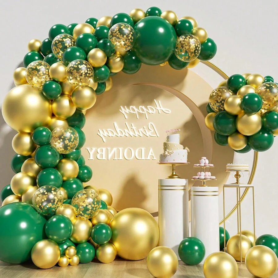 120 piezas Kit de combinación de globos de látex verdes, dorados metálicos y de confeti para decoración de fiesta de graduación, cumpleaños, boda, aniversario, Navidad, Año Nuevo