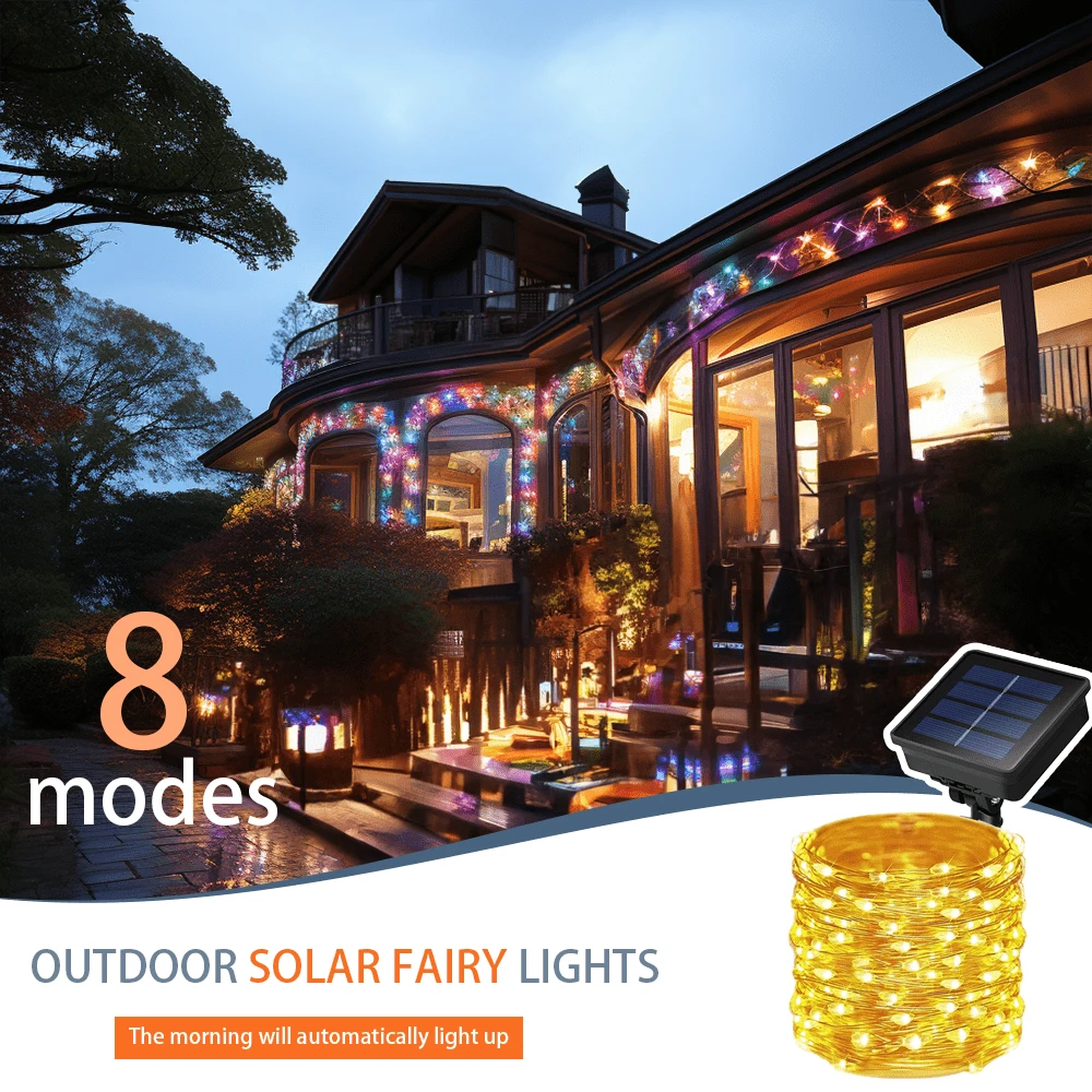 Solar Powered Outdoor Copper Wire Lights With 8 Lighting Modes, IP67 Waterproof, 3 Color Options: Colorful/Warm/White, Suitable For Christmas, Valentine's Day, Birthday, Outdoor Yard Decoration, Patio Atmosphere Lights, Outdoor Waterproof Hanging Tree Decoration Lights