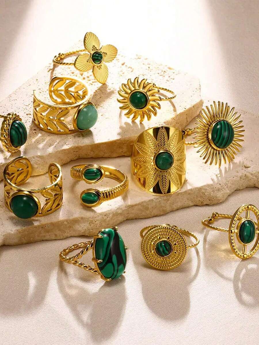 1 Pc Vintage Turquoise Rings For Women Gold Color Stainless Steel Adjustable Open Rings Bohemian Summer Jewelry Gift