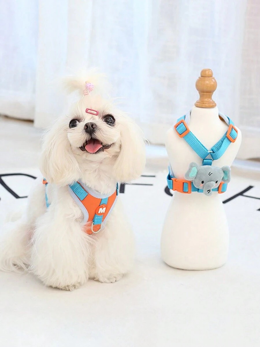 1pc Cute & Ugly Cartoon Elephant Printed Breathable, Waterproof & Dirt-Resistant Pet Harness With Adjustable Chest And Back Straps And 1pc 150cm Nylon Leash, Suitable For Cats And Small Dogs, Indoor And Outdoor Use All Year Round
