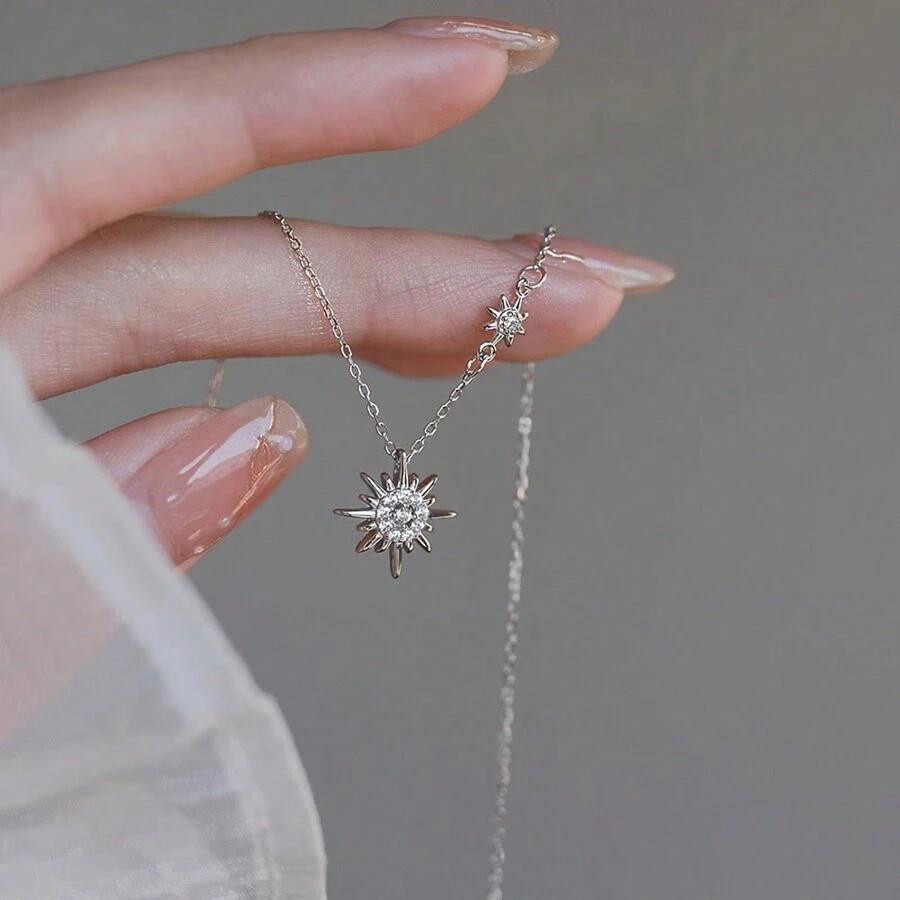 1pc Fashionable And Simple Style Luxury Sun, Moon, Stars And Flowers With Cubic Zirconia Necklace, Collarbone Chain For Summer Vacation Proposal Or Confession Gift Valentines,Mom,Mother,Mother's Day,Gift