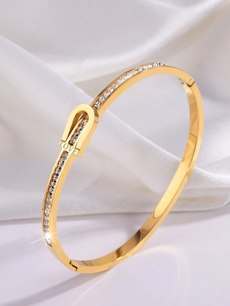 1 pieza Brazalete de acero inoxidable con un solo hilera de diamantes de imitación con diseño personalizado y elegante, adecuado para el uso diario de las mujeres
