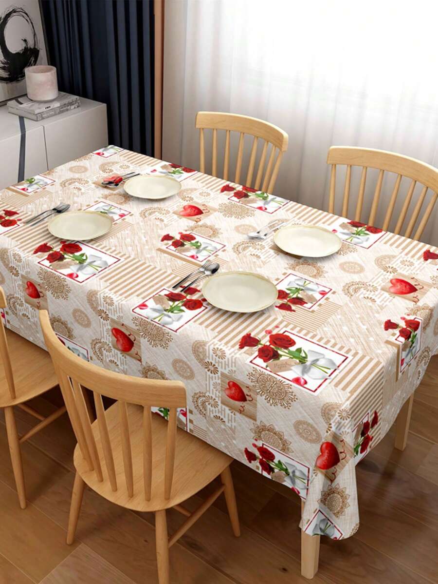 One Rose Heart Shaped Design Tablecloth, American Style PVC Rectangle Waterproof Oil-Proof Wash-Free Heat-Resistant Wear-Resistant Anti-Scratch Cloth Tablecloth Tea Tablecloth Table Mat Multi-Functional Cover Cloth High-Grade Sense Suitable For Living Room Home Restaurant Hotel Use.