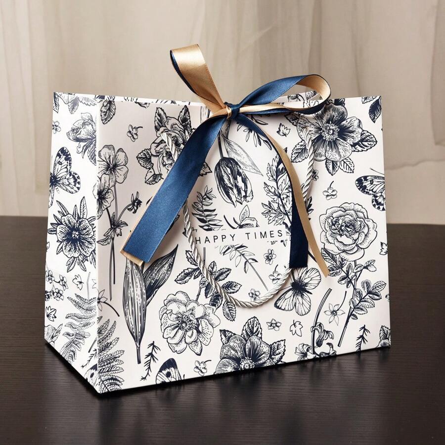 1 pieza Bolsa de regalo de papel con estampado floral y asa al estilo Ins, bolsa de transporte para ropa, caramelos y aperitivos en stock