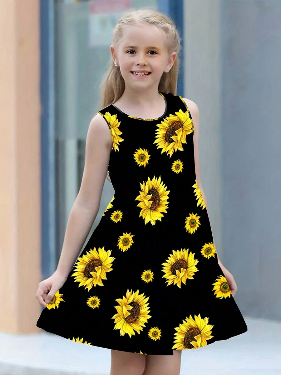 Young Girl Sunflower Print Sleeveless Dress Loose Fit And Comfortable Round Neck Summer Dress Kids Clothes