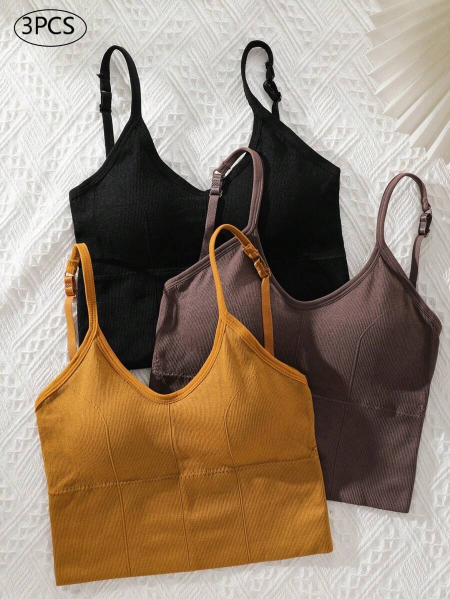 3 pièces Soutien-gorge sans dos avec sangles en spirale de couleur unie en forme de U et avec des bretelles réglables, lingerie