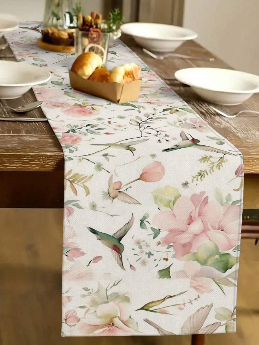 1 pieza Camino de mesa con diseño de flores y colibrí, estilo campestre, forma rectangular de 33cm*183cm/13 pulgadas*72 pulgadas, camino de mesa de material similar al lino, impreso en un solo lado, decoración del hogar y decoración de cocina, sencillo y hermoso, adecuado para la decoración de la cocina del hogar y la decoración de fiestas