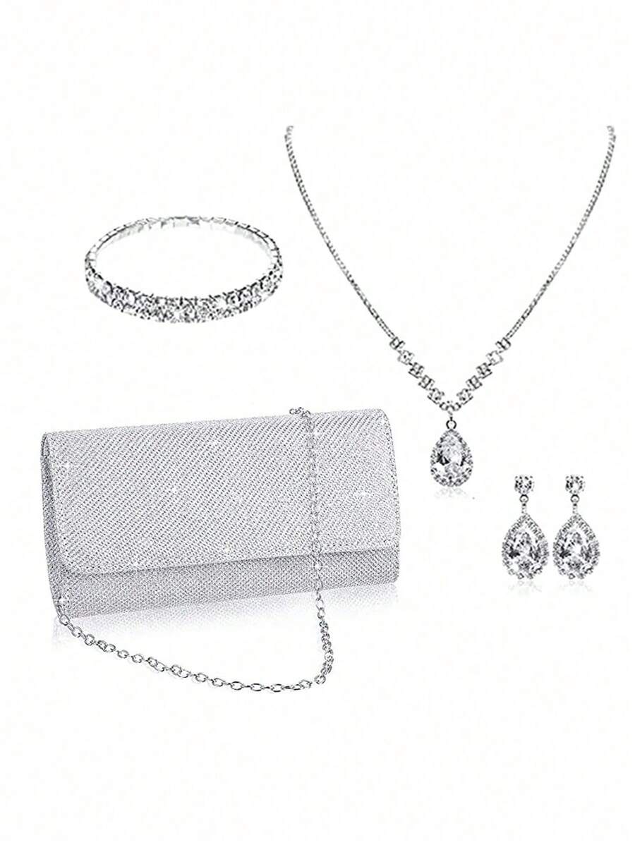 Conjunto De Colar, Pulseira E Brincos De Pedra Com Clutch Para Noite E Bolsa De Corrente De Jantar Para Mulheres