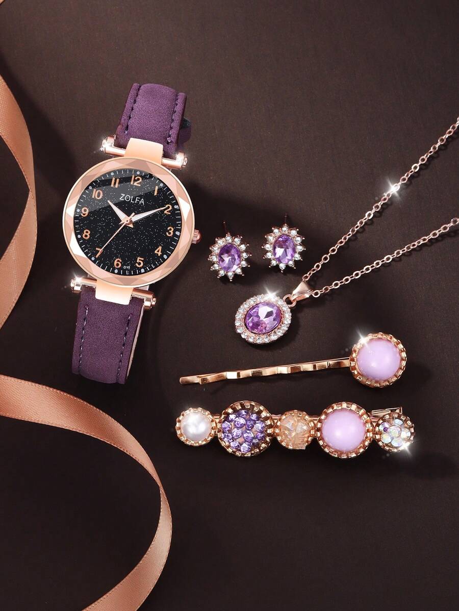 1pc Women's Elegant Rhinestone Inlay Starry Dial Quartz Watch And 5pcs Jewelry Set Including Necklace, Earrings, Hairpins - Great Gift For Women As A Gift For Students Returning To School