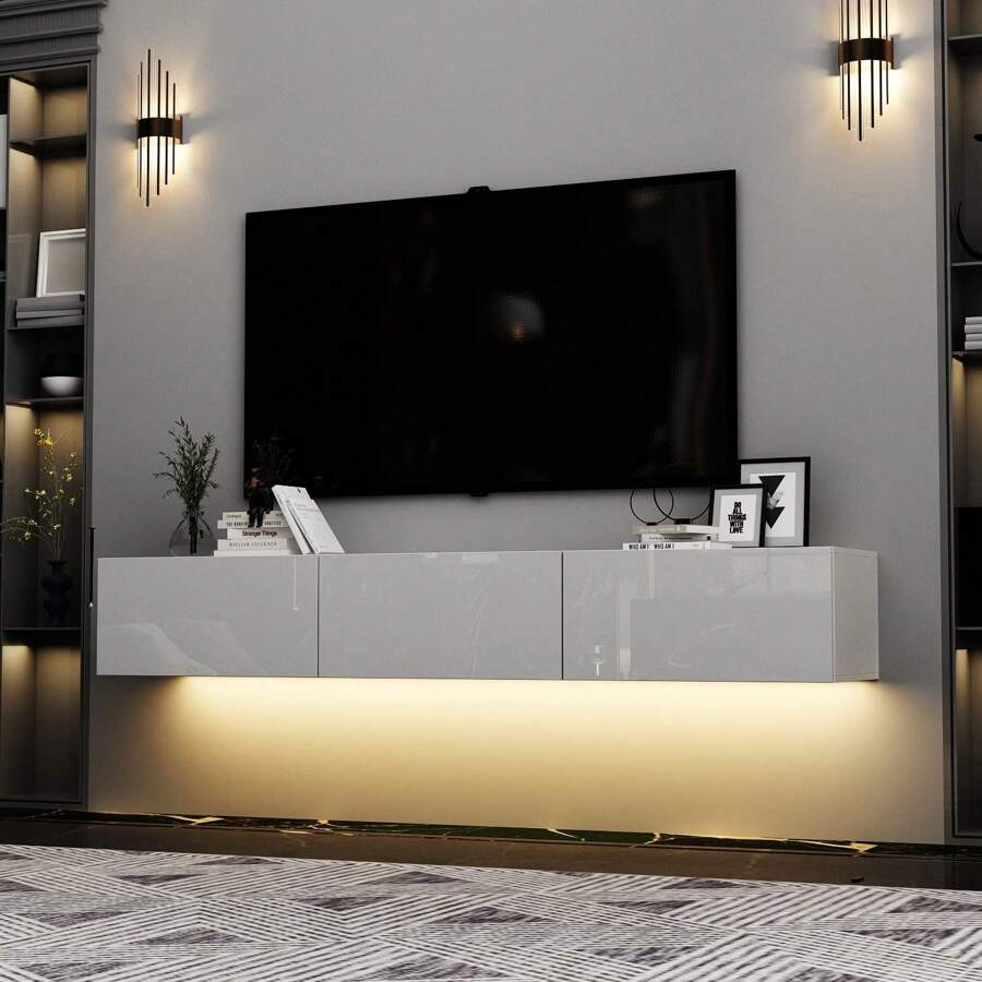 QQD Floating TV Stand With LED For 60 65 70in TV, Glossy Wall Mounted Modern Entertainment Center With 3 Drawers , White